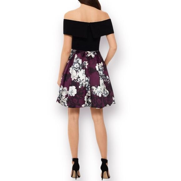 Betsy & Adam Formal Dress Off the Shoulder Fit and Flare Black Burgundy 2 - Picture 4 of 12